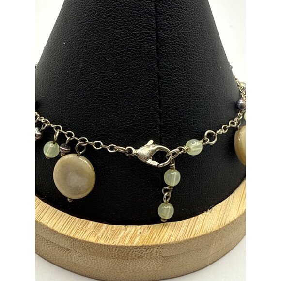 Beaded Bracelet With Green Gray & Pearl Charms Silver Chain Adjustable Size - Picture 4 of 5
